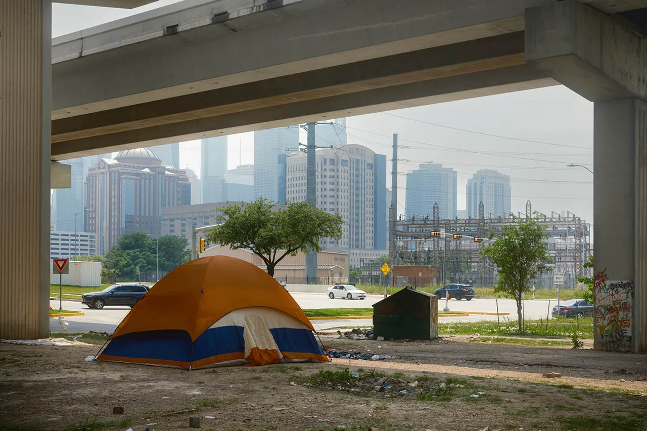A homeless encampment under Interstate Highway 69 in downtown Houston on May 5, 2023. 