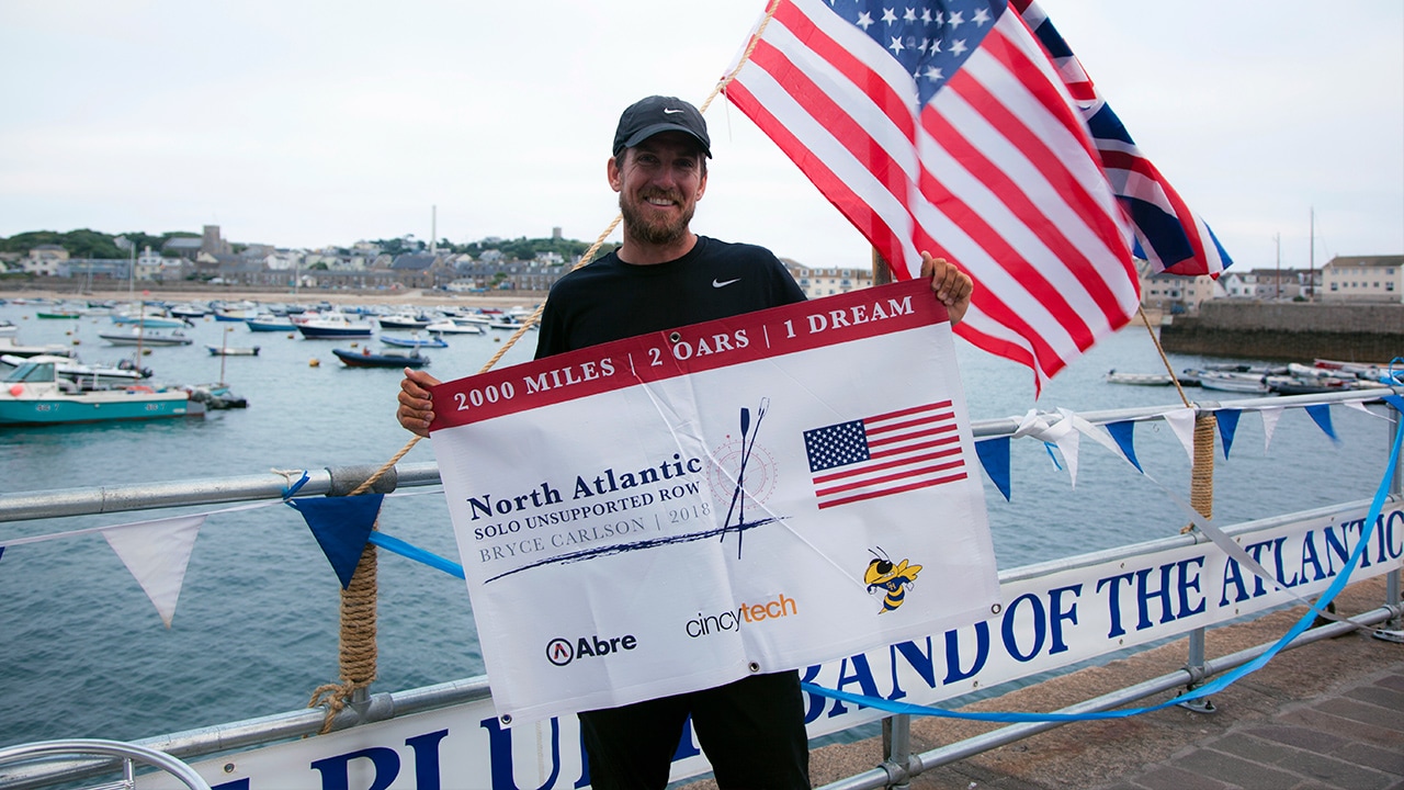Photo of Bryce Carlson after rowing across the Atlantic
