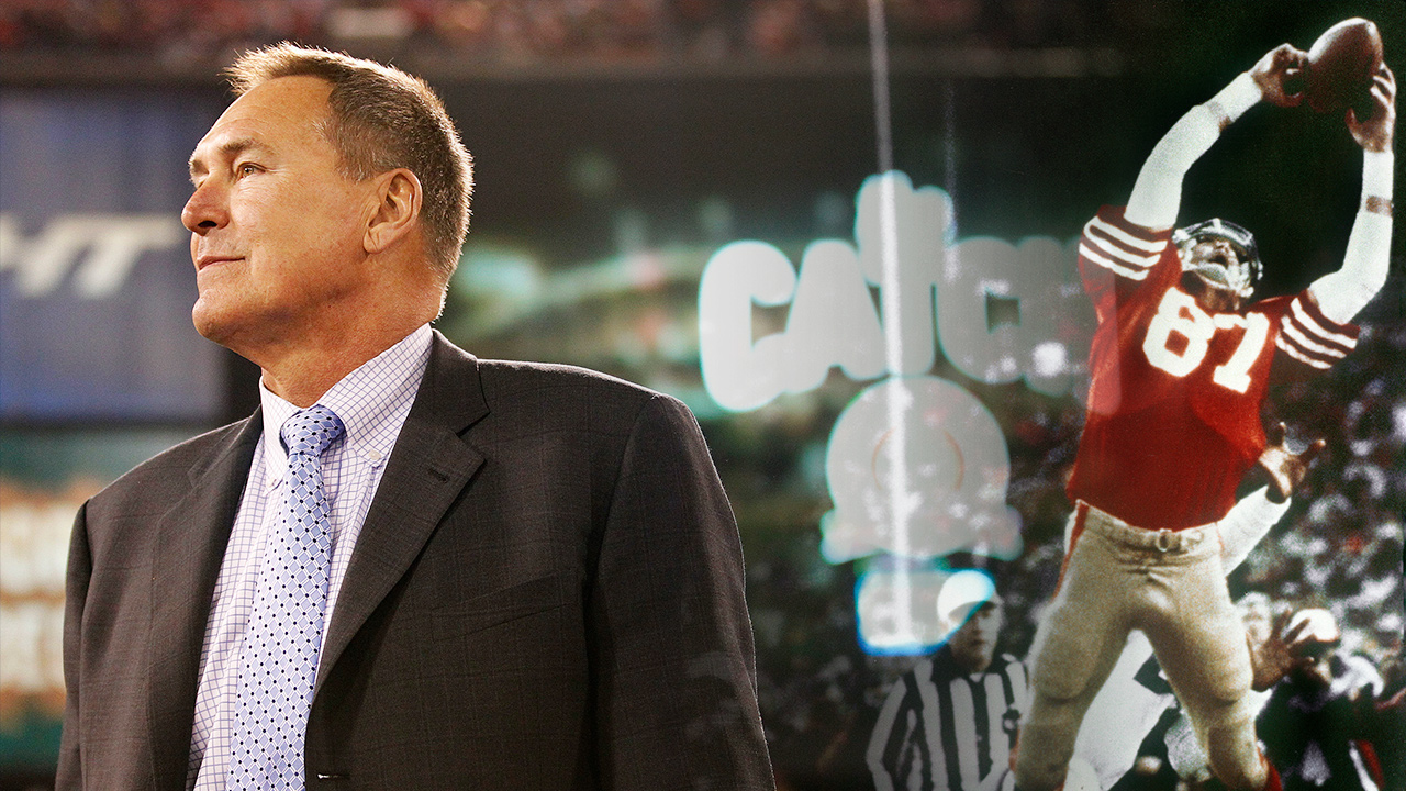 Photo collage of Dwight Clark being honored at a 49ers game and "The Catch" in 1982