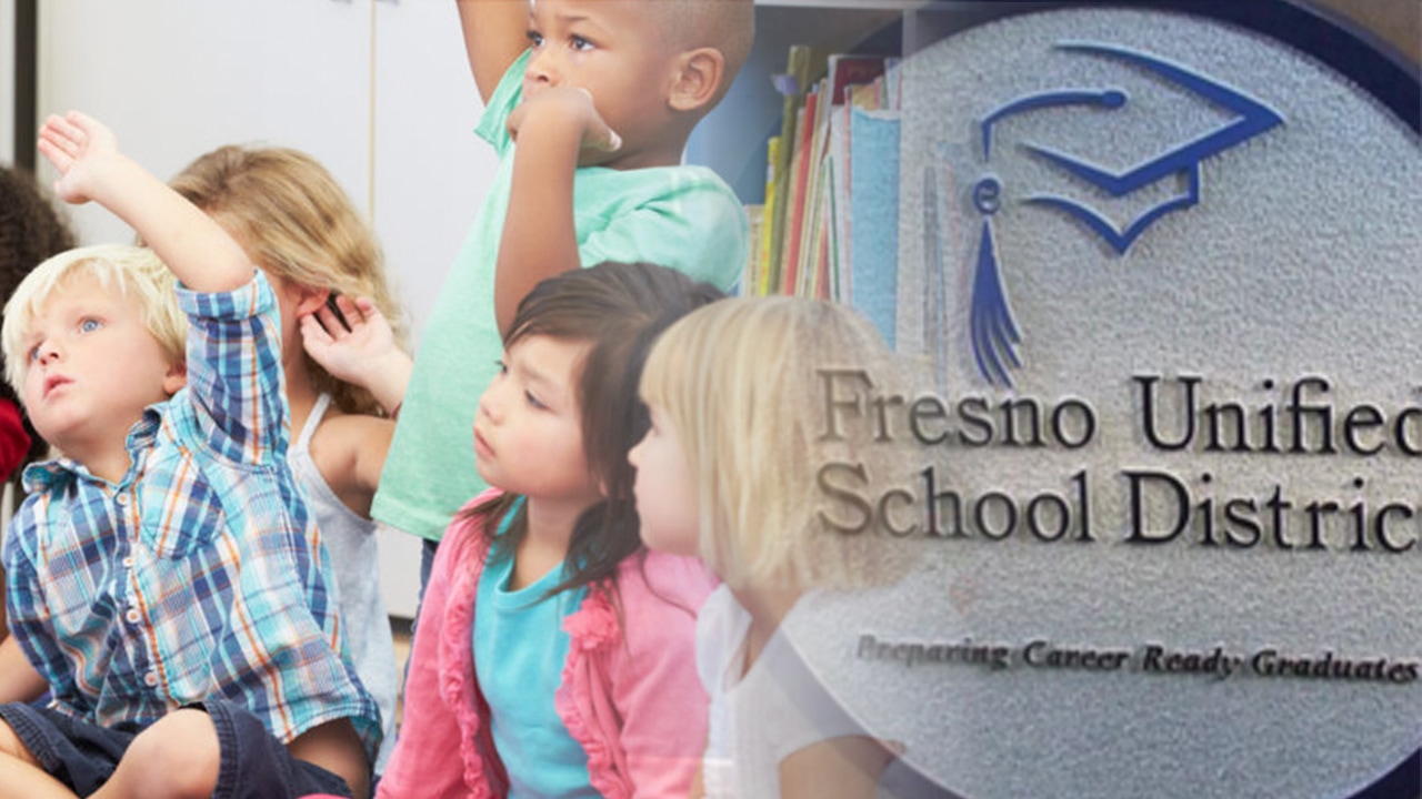 Photo of Fresno Unified logo and young students