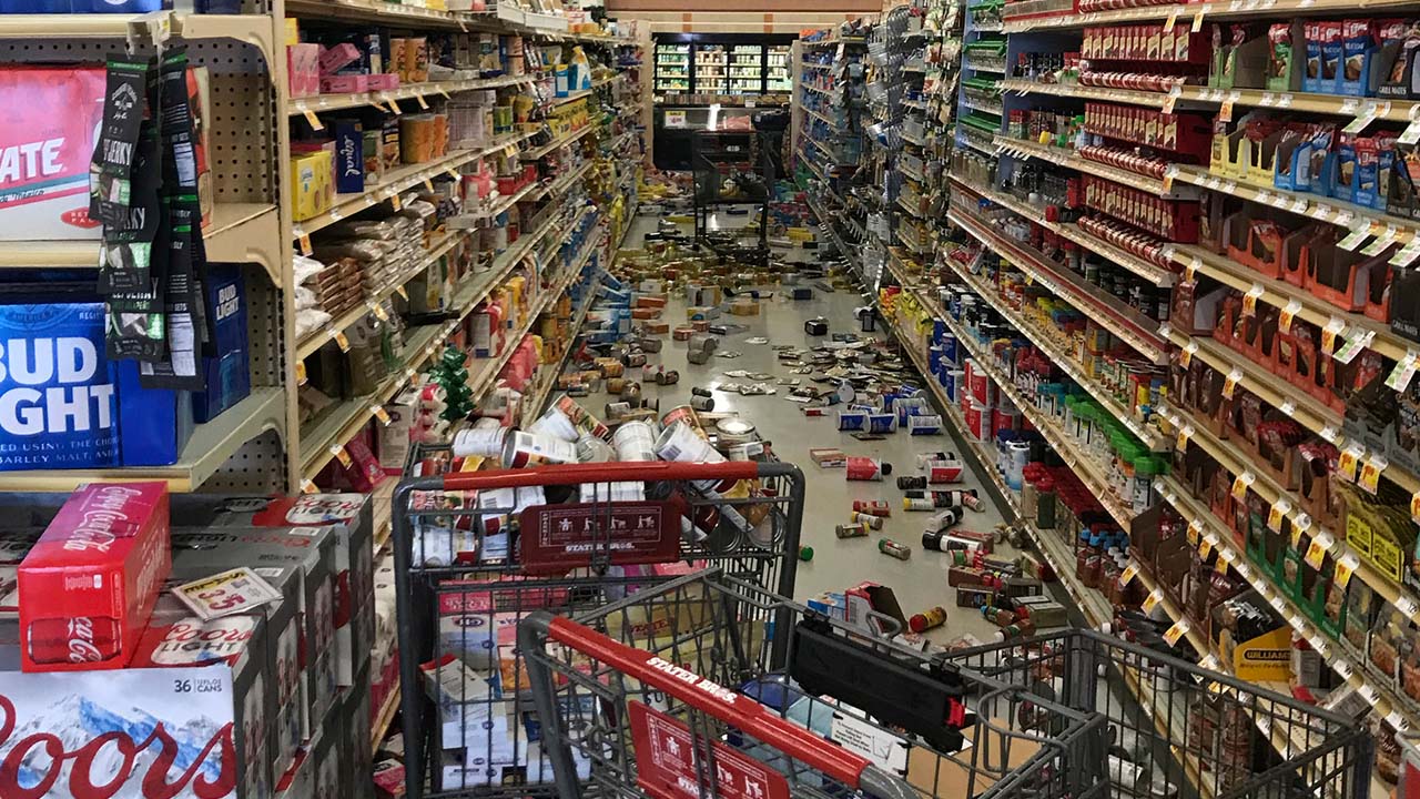 Photo of grocery store merchandise knocked off shelves following Fourth of July earthquake in California