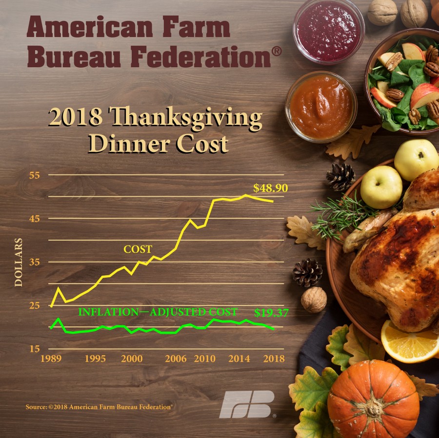 Graphic showing Thanksgiving dinner prices through the years