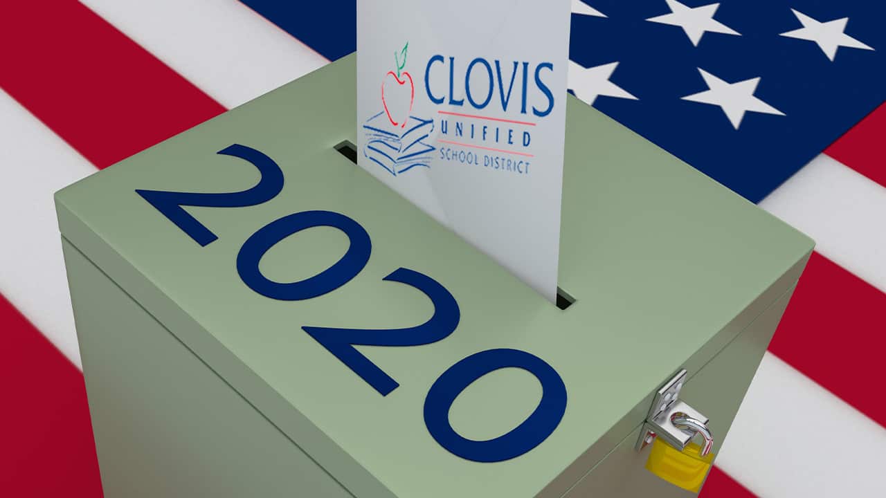Composite of Clovis Unified logo and a 2020 ballot box