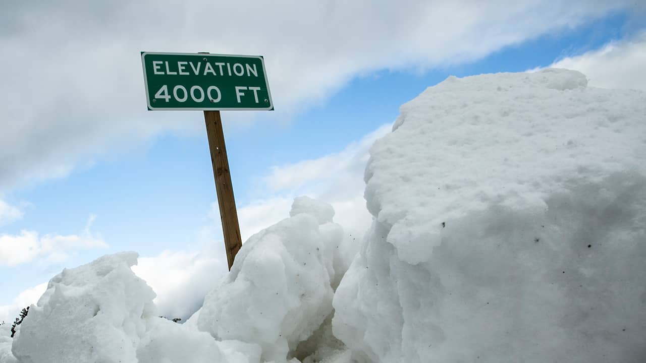 Photo of snow at 4,000 feet elevation on Highway 168 heading to Shaver Lake