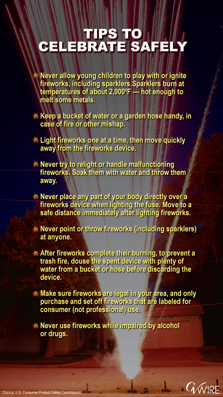 Tips to Celebrate Safely Never allow young children to play with or ignite fireworks, including sparklers. Sparklers burn at temperatures of about 2,000 degrees Fahrenheit—hot enough to melt some metals. Keep a bucket of water or a garden hose handy, in case of fire or other mishap. Light fireworks one at a time, then move quickly away from the fireworks device. Never try to relight or handle malfunctioning fireworks. Soak them with water and throw them away. Never place any part of your body directly over a fireworks device when lighting the fuse. Move to a safe distance immediately after lighting fireworks. Never point or throw fireworks (including sparklers) at anyone. After fireworks complete their burning, to prevent a trash fire, douse the spent device with plenty of water from a bucket or hose before discarding the device. Make sure fireworks are legal in your area, and only purchase and set off fireworks that are labeled for consumer (not professional) use. Never use fireworks while impaired by alcohol or drugs.