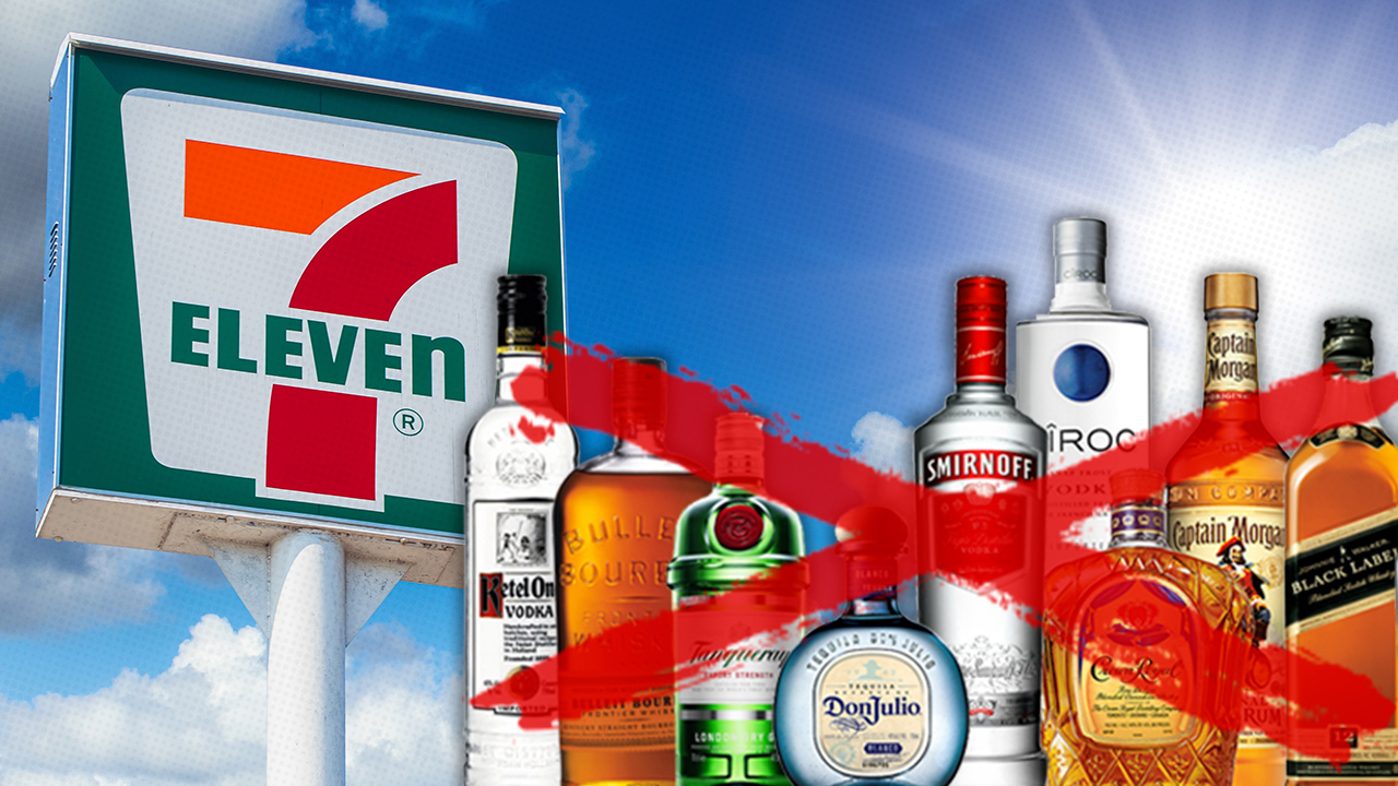 Composite illustration of a 7-Eleven and alcohol bottles