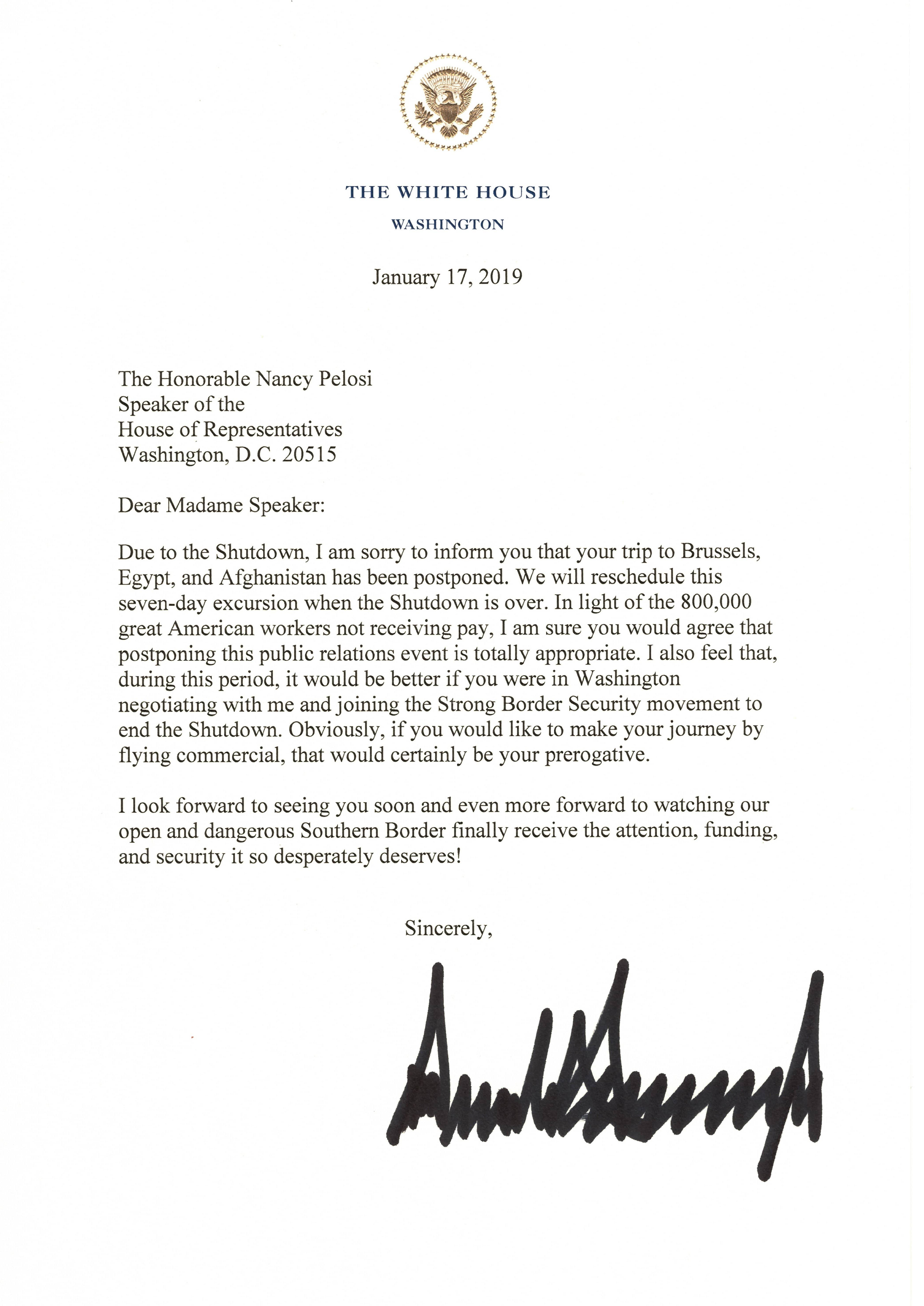 Image of President Trump's letter to House Speaker Nancy Pelosi