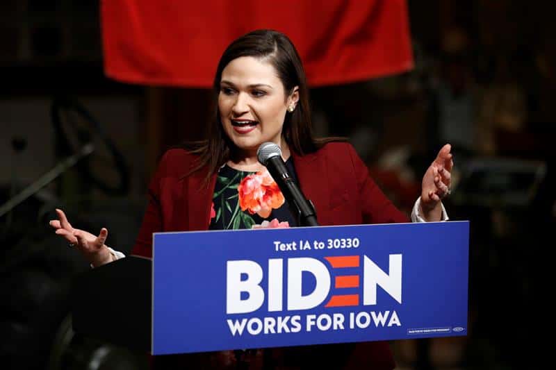 Photo of Rep. Abby Finkenauer, D-Iowa, introduceing Democratic presidential candidate Joe Biden