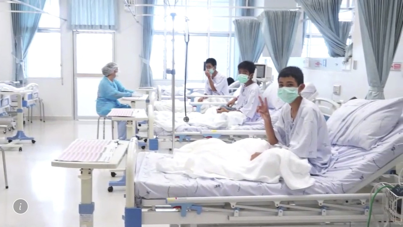 Photo of Thai soccer boys making "Victory" signs from hospital beds
