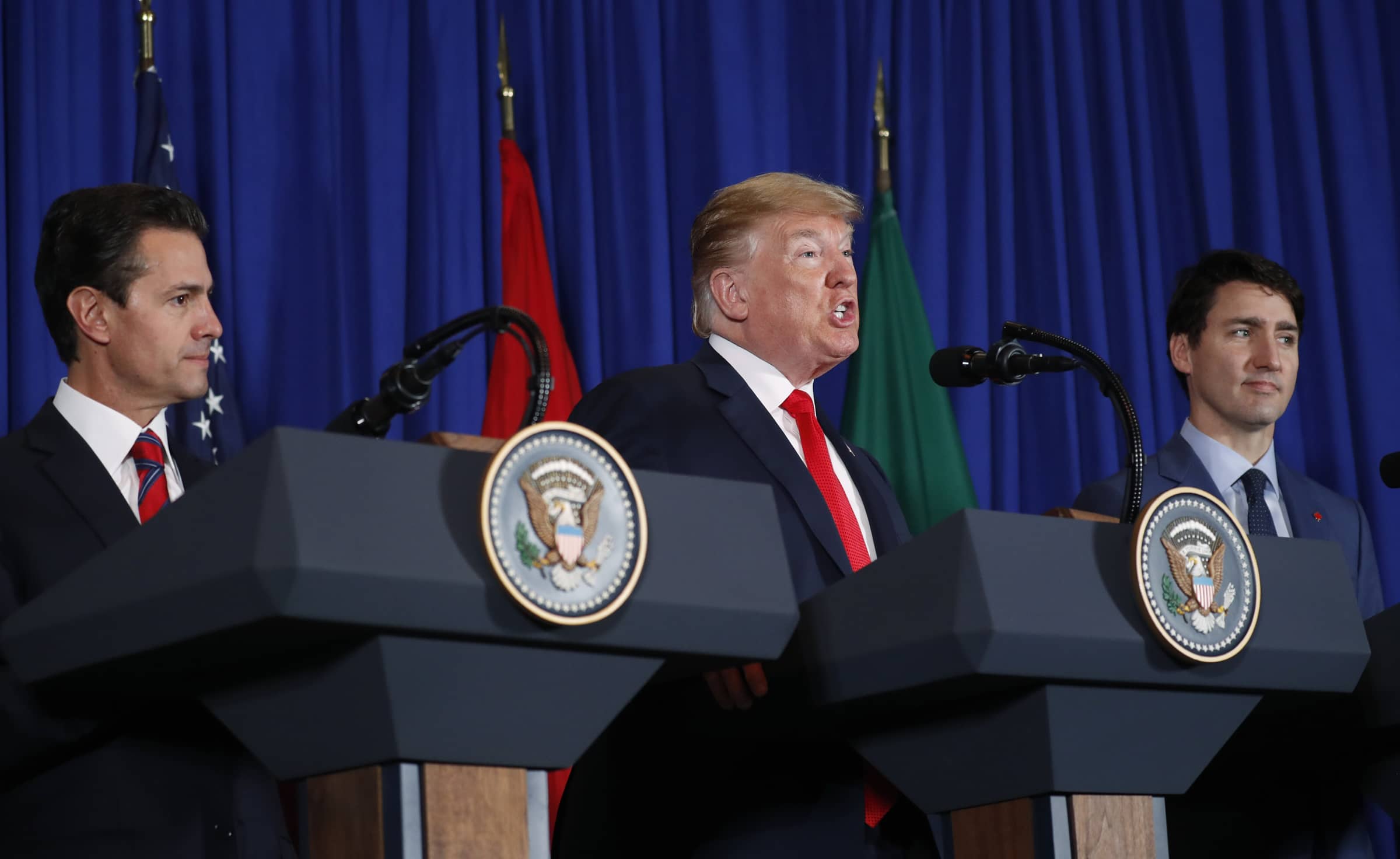 Photo of President Donald Trump, Prime Minister Justin Trudeau, and Mexico's President Enrique Pena Nieto