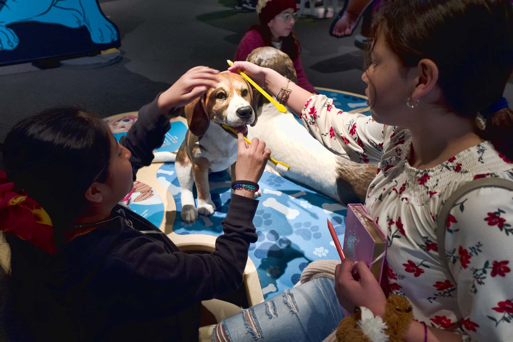 Photo of students from the Theodore T. Alexander Science Center School practicing brushing dog's teeth