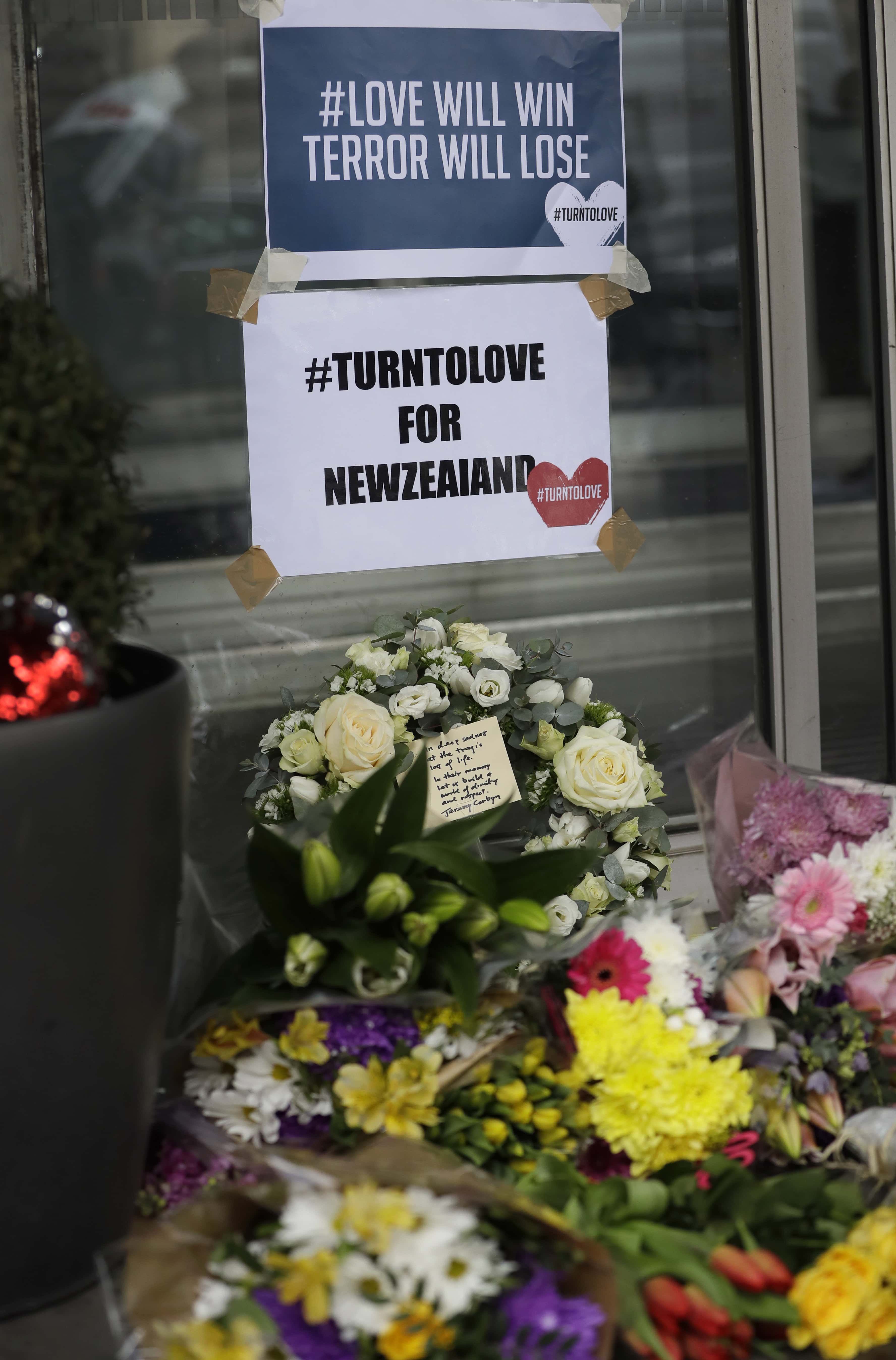 Flowers honoring the victims of the mosque attack in New Zealand