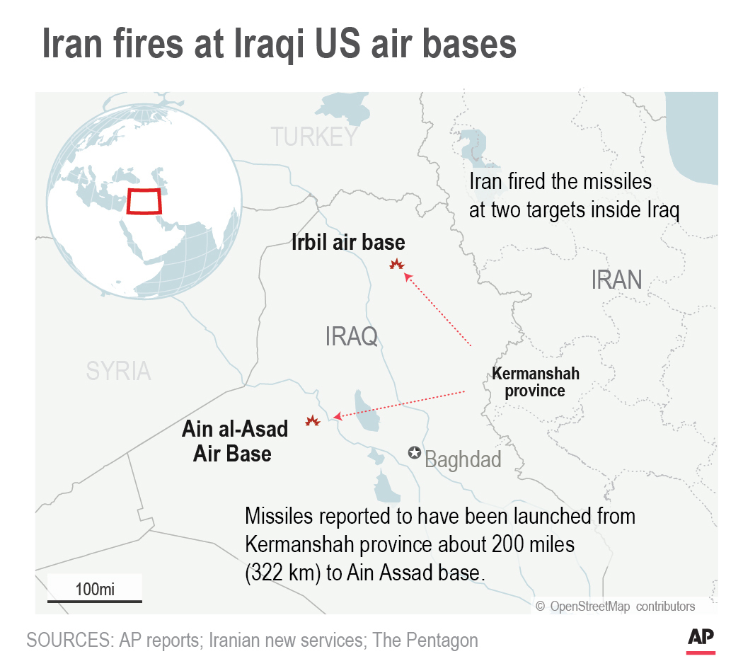 Map shows Iran missile strikes against two Iraqi air bases 