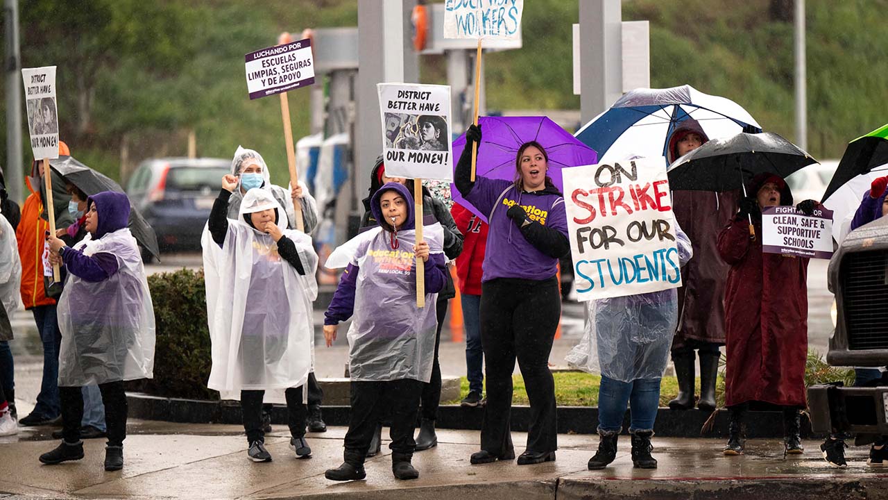 SEIU workers, teachers and supporters picket at Mclay Street and Foothill Blvd in San Fernando, Calif., Thursday, March 23, 2023,