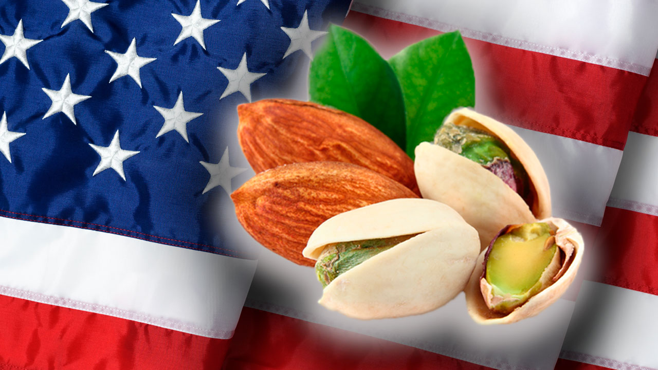 Composite image of almonds and pistachios blended with an American flag