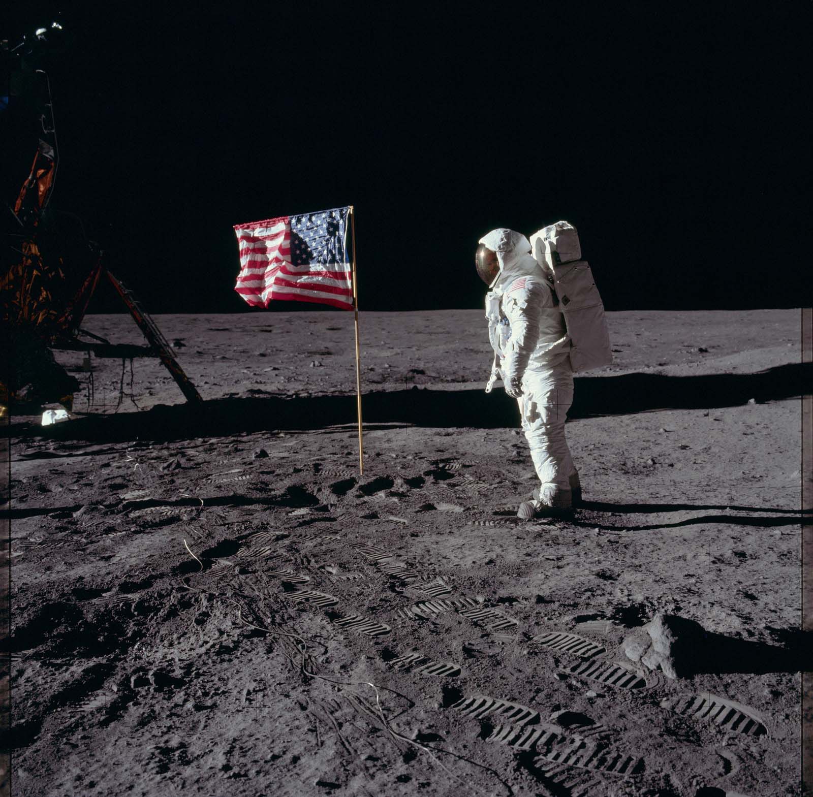 Photo of Buzz Aldrin with American flag on the moon, 1969