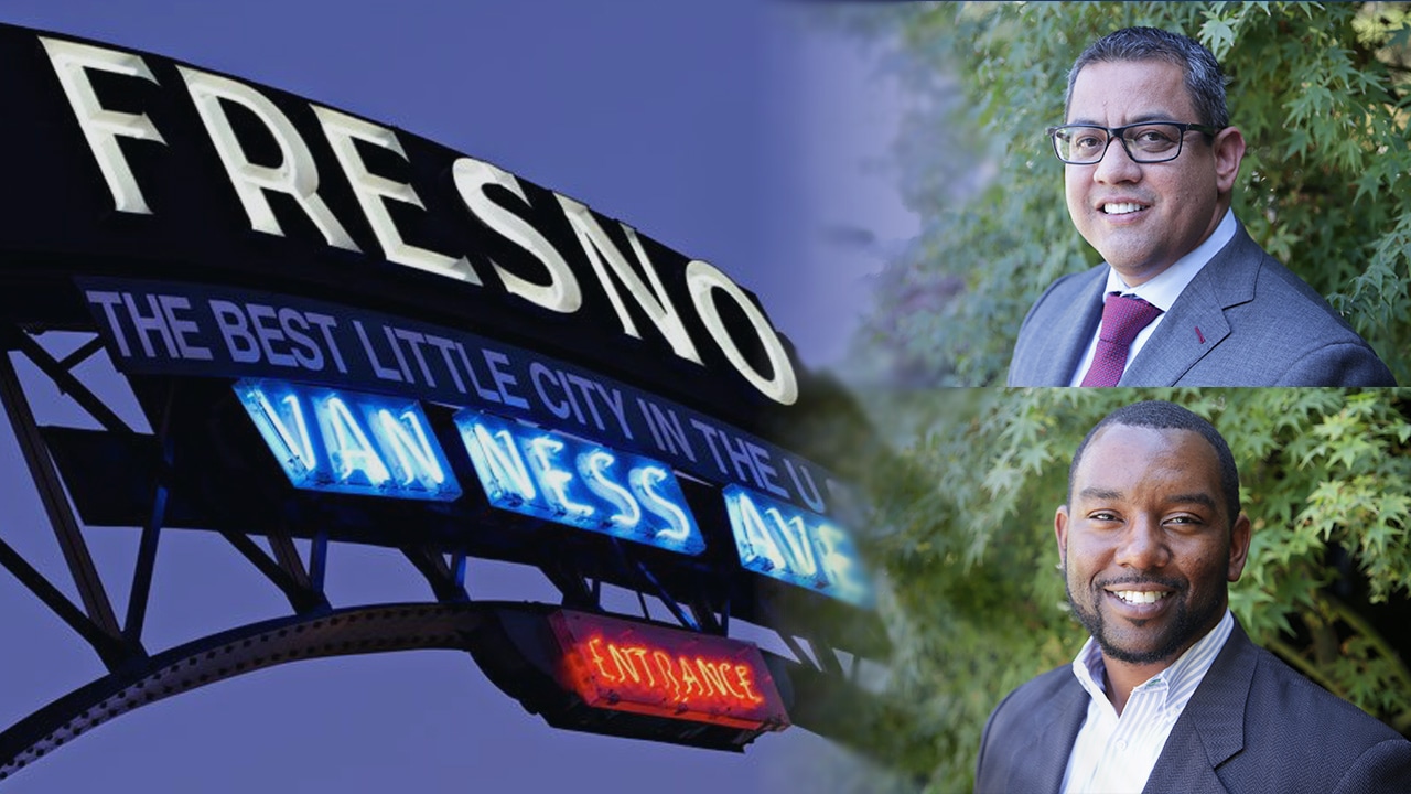Photo Illustration with city of Fresno sign, and city council candidates Miguel Arias and Tate HIll