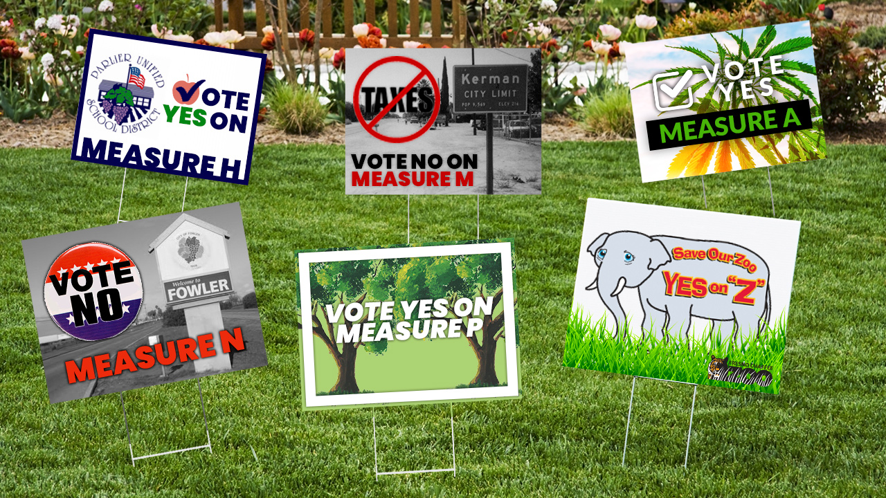 Graphic of faux ballot measure signs in yard