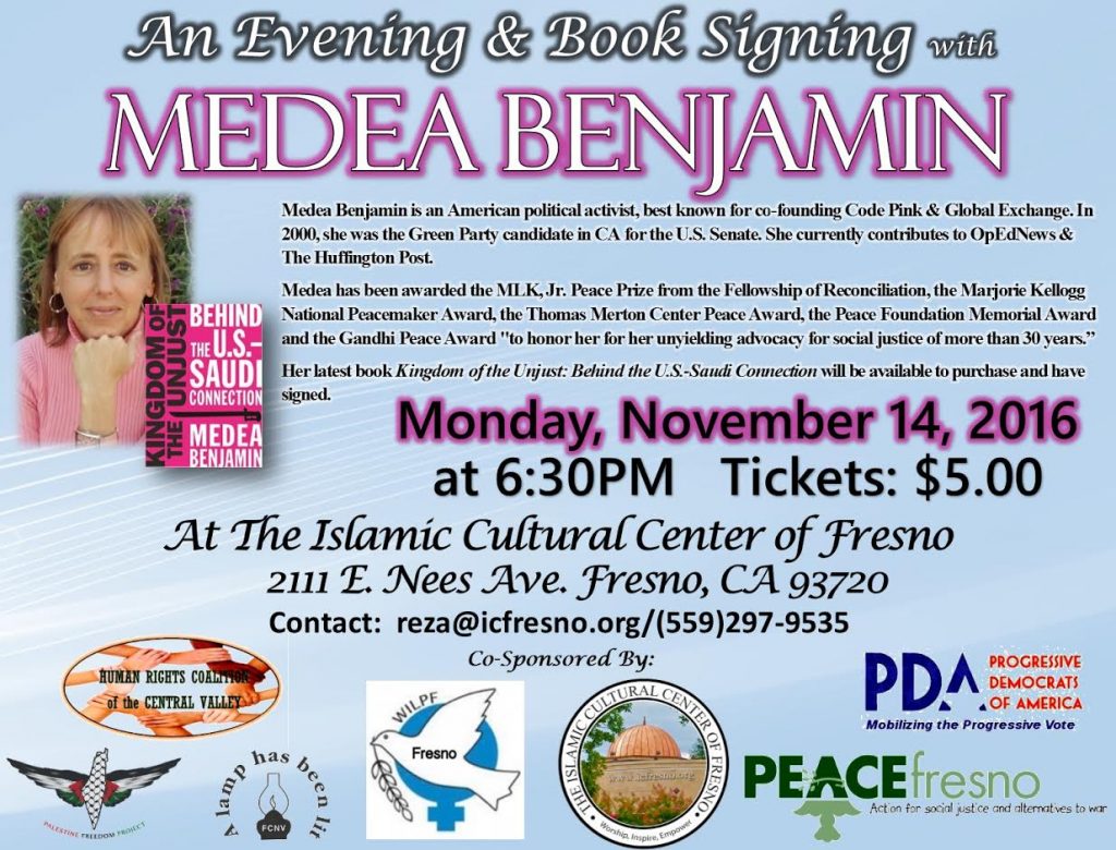 Poster for Medea Benjamin speaking event.