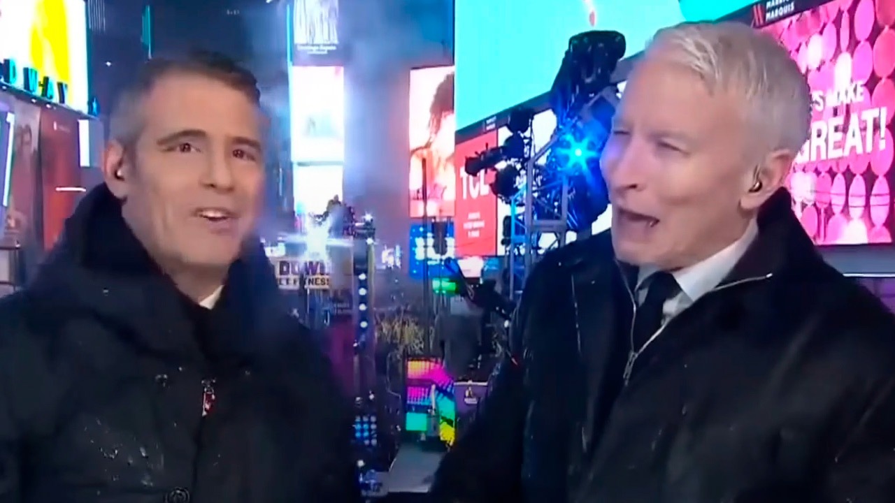 Screen grab images of Andy Cohen and Anderson Cooper on CNN's New Year's Eve show