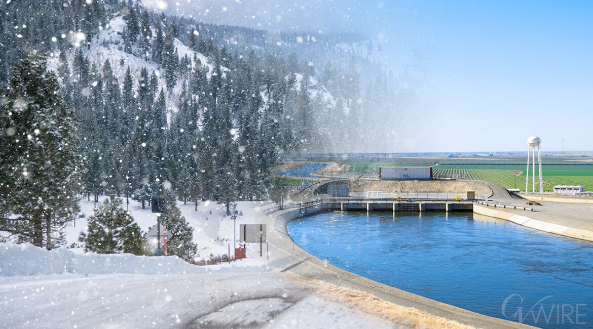 Composite image of snow in the mountains and water stored for agriculture