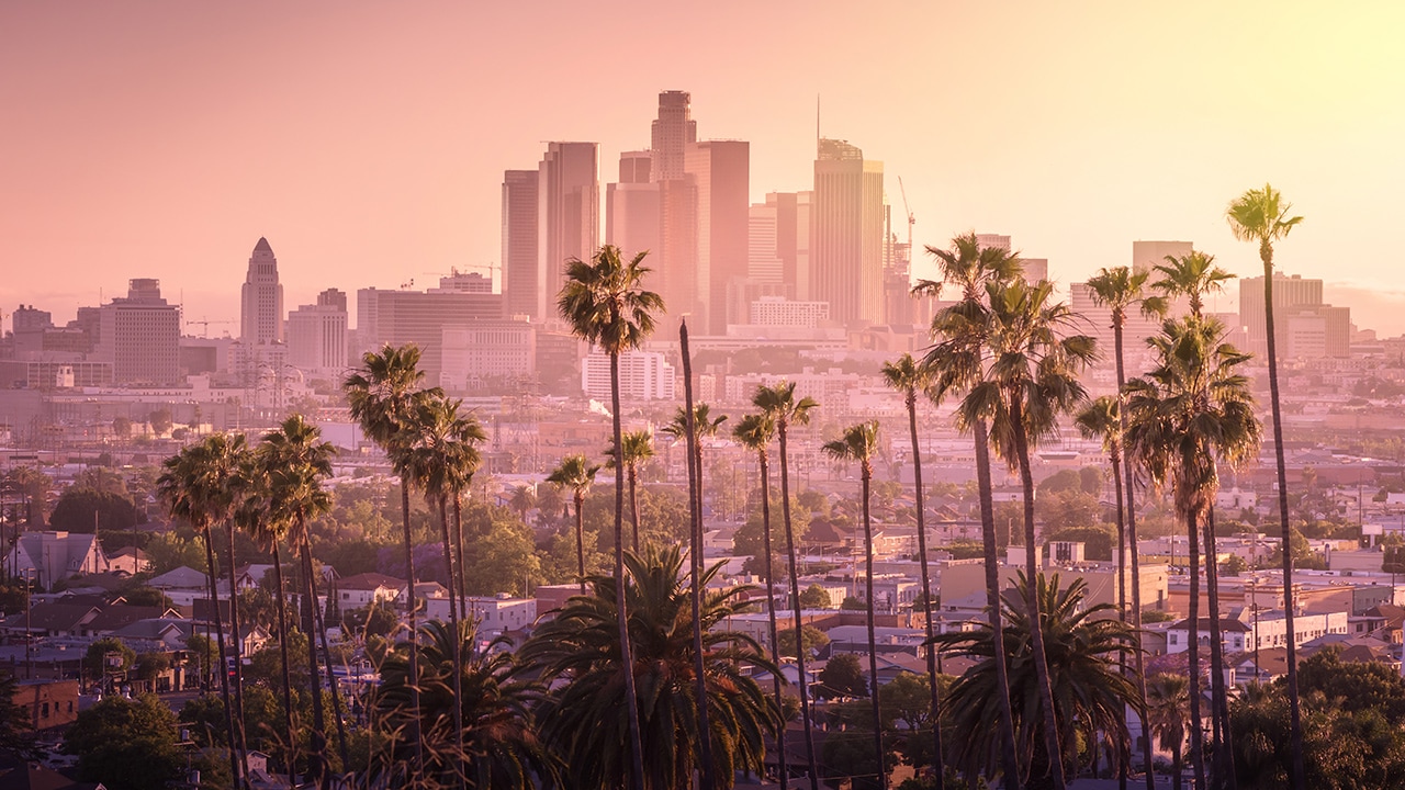 Photo of sunset and Los Angeles skyline