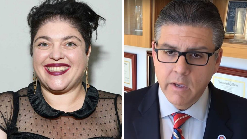 Portraits of Fresno State professor Randa Jarrar, left, and University President Joe Castro, right