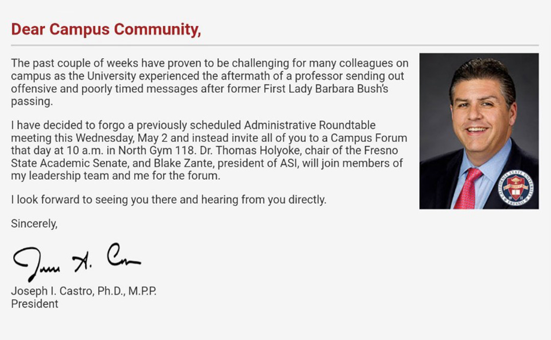 Screen shot of Fresno State President Joe Castro announcing a campus forum on the controversial tweets of creative writing professor Randa Jarrar