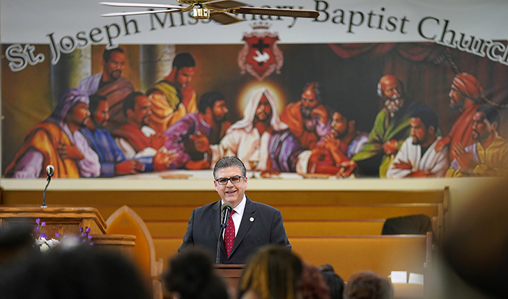 Photo of Joseph I. Castro speaking at St. Joseph Baptist Church in Fresno, California