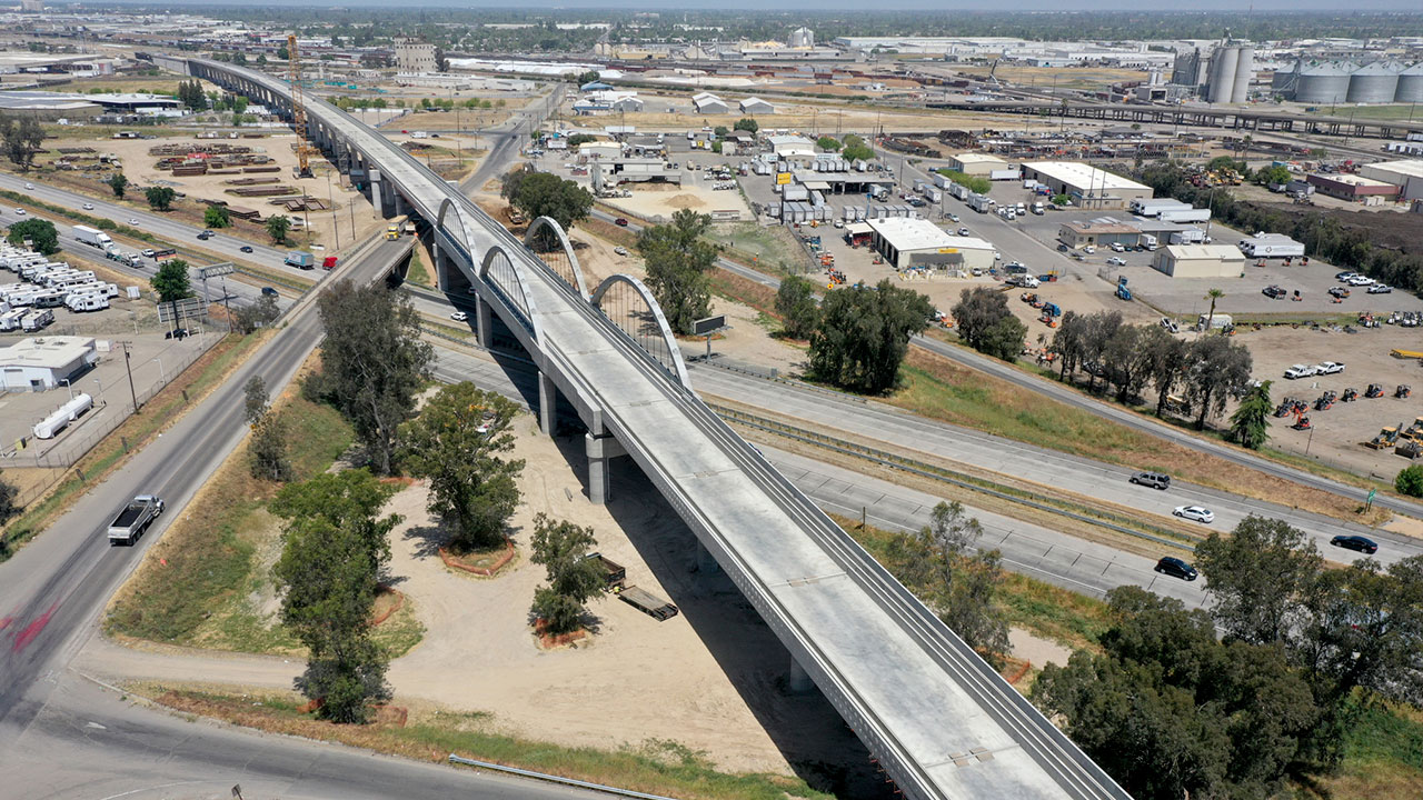 Aerial view of a viaduct for California's High-Speed Rail project