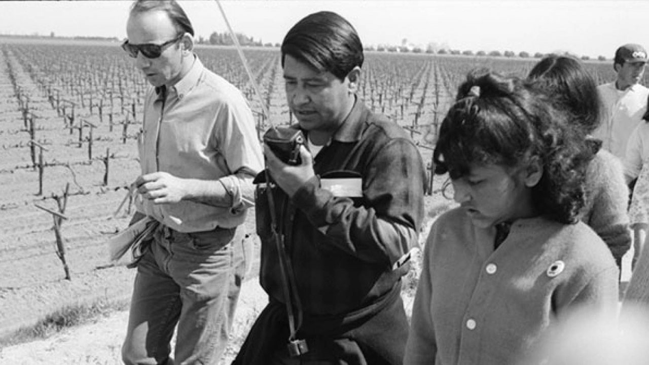 Image of Cesar Chavez during the march from Delano to Sacramento in 1966.