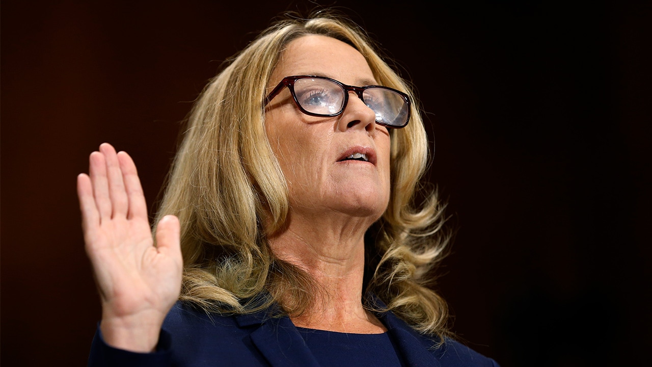 Photo of Christine Blasey Ford being sworn in