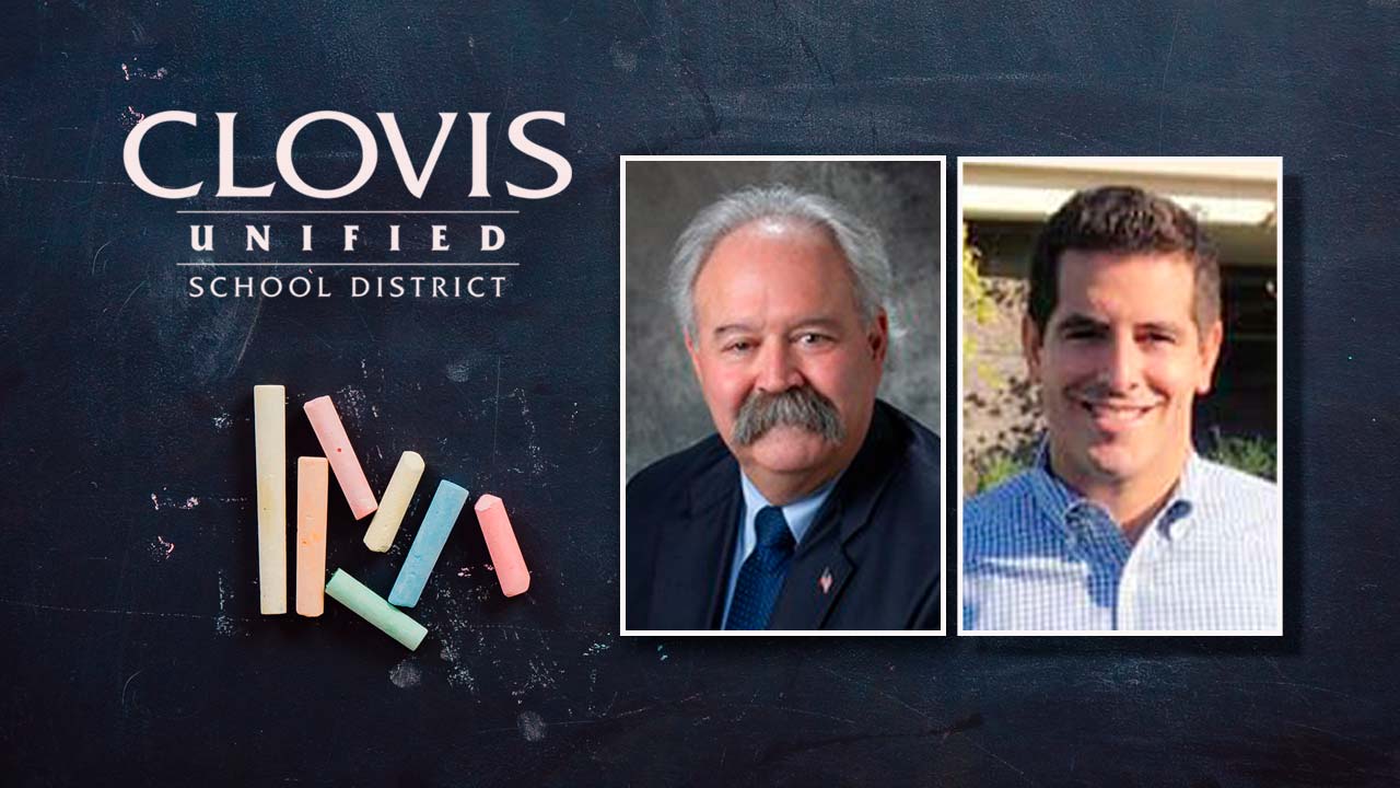Composite of Clovis Unified logo, trustee Brian Heryford and trustee candidate Jonathan Holt