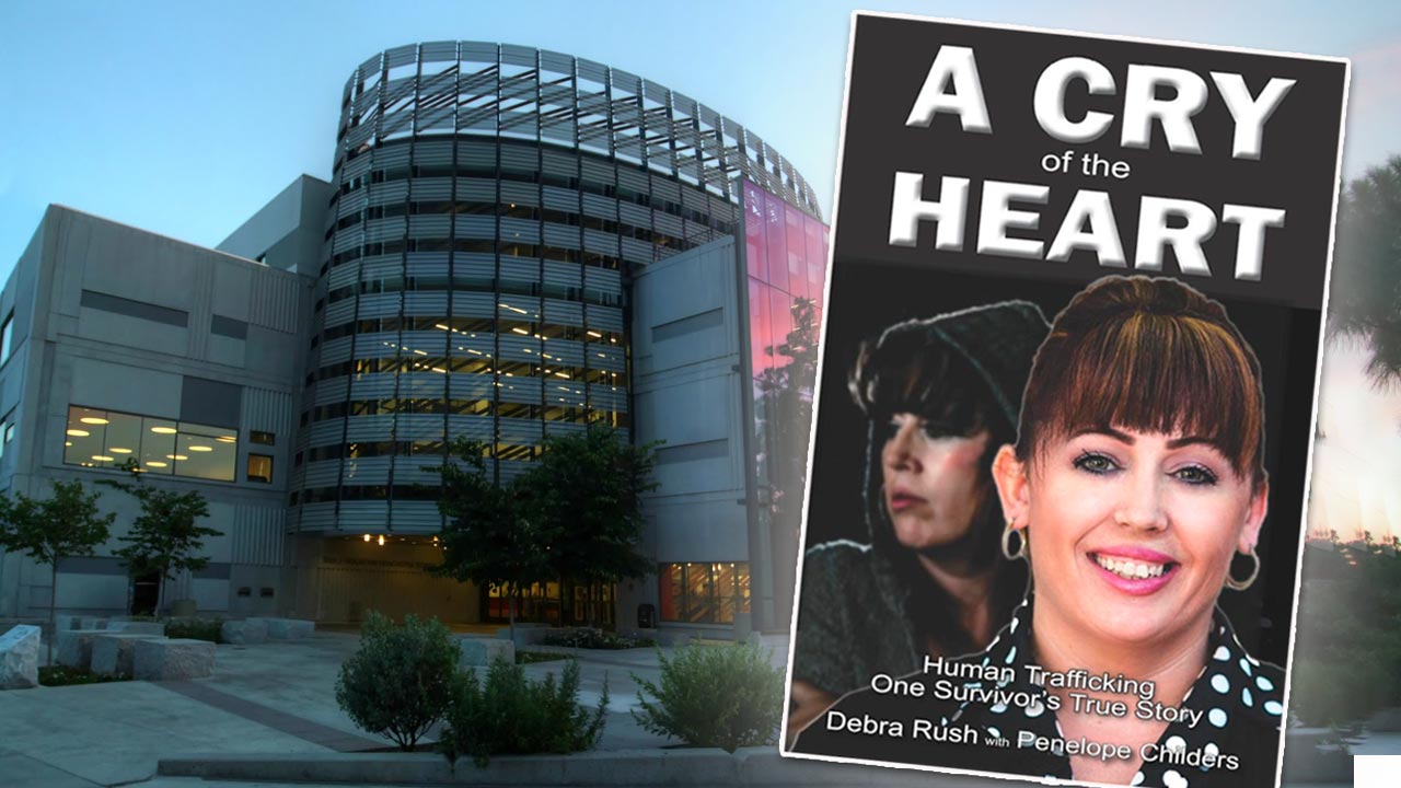 Composite photo of the Madden Library and the cover of the book A Cry of the Heart