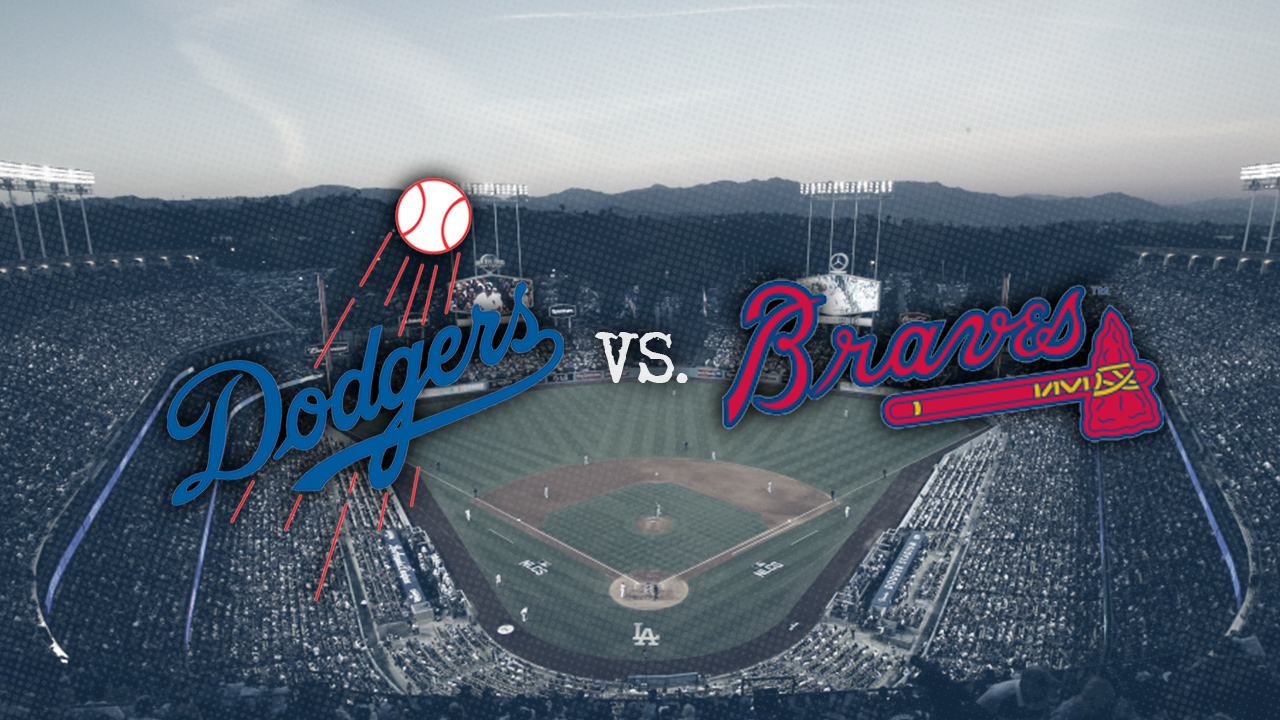 Photo of Dodgers Stadium and superimposed LA and Braves logos