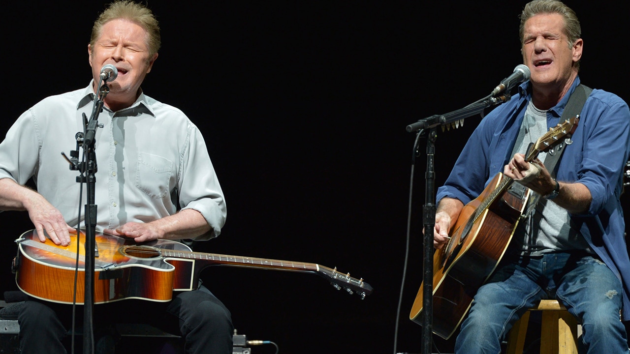 Photo of Don Henley and Glenn Frey of the Eagles performing in Los Angeles in 2014