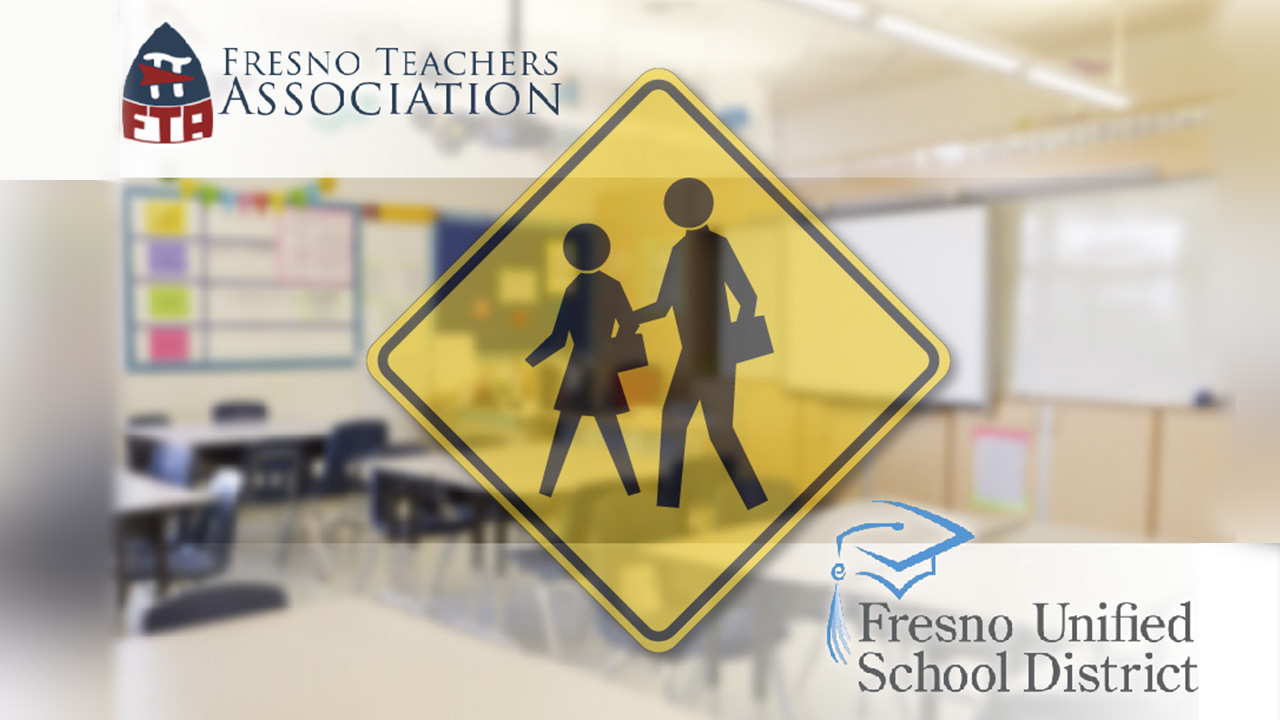 Composite of FTA and Fresno Unified logos with a children walking to school warning sign