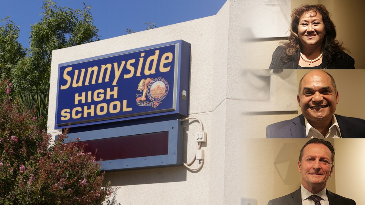 Photo combo of Sunnyside High School and their 3 candidates; Valerie Davis, Karl Diaz, Mark Ratchford