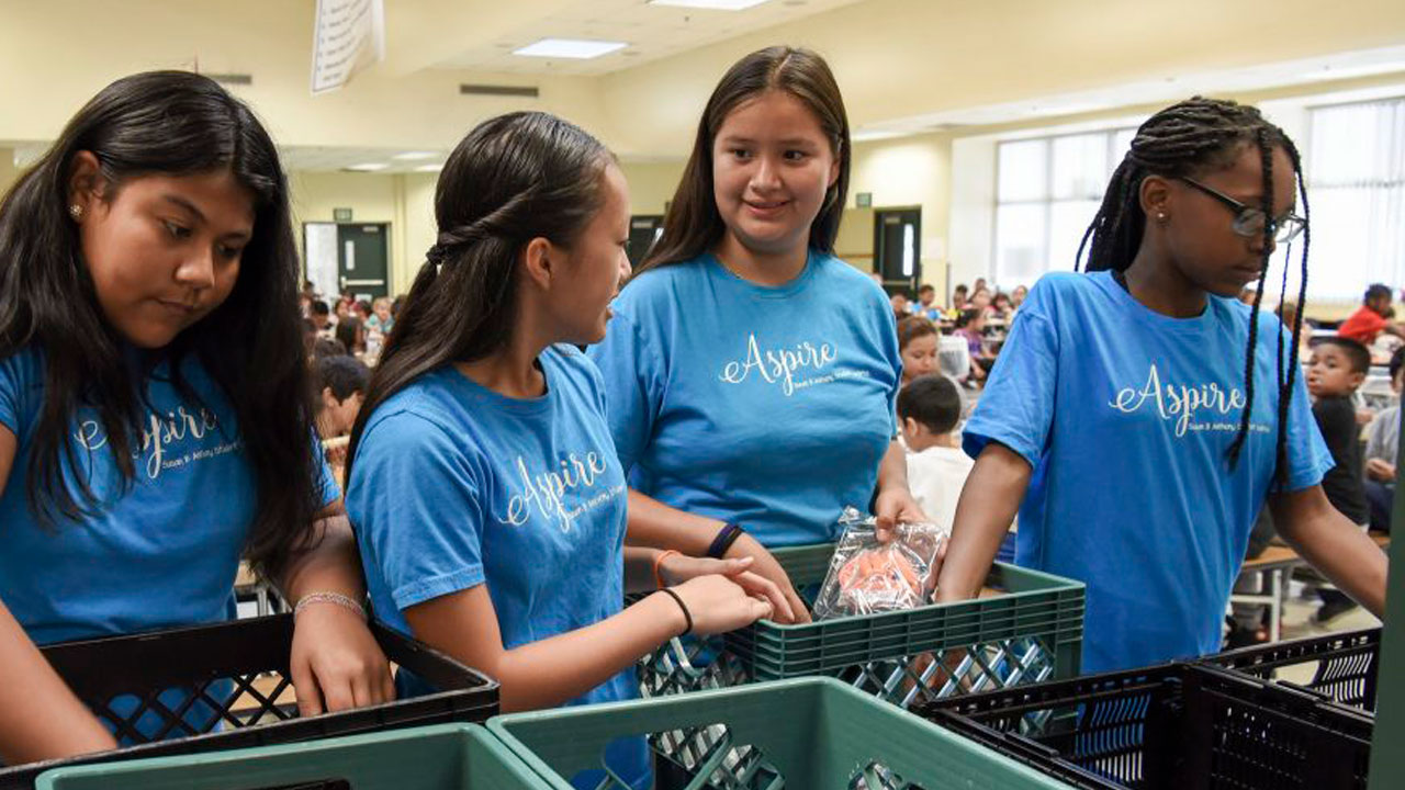 Fresno Unified students collect surplus food from the cafeteria after lunch as part of the district's Food to Share partnership.