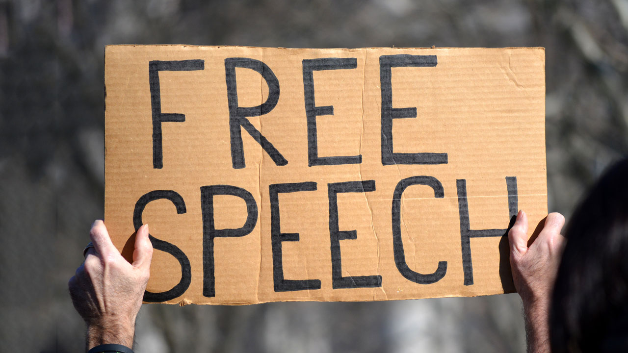 Hands hold up a cardboard "Free Speech" sign at protest rally