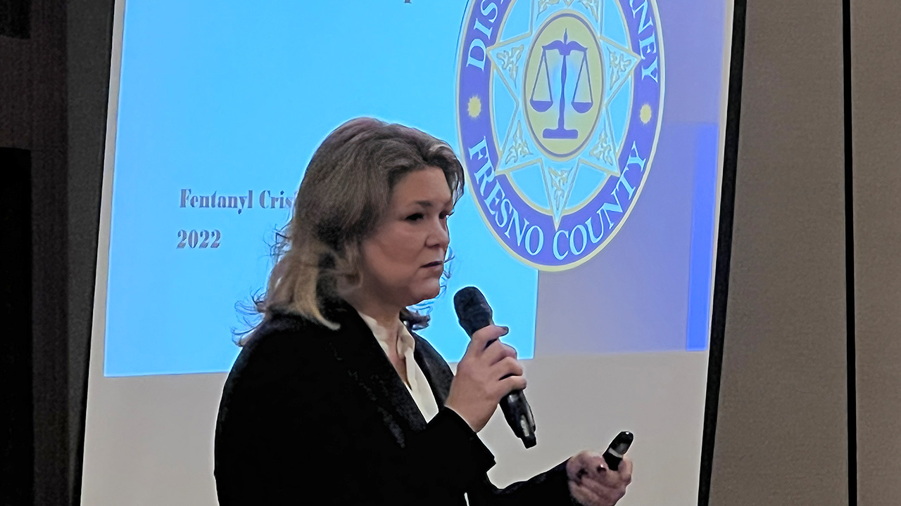 Fresno County District Attorney Lisa Smittcamp spoke about fentanyl awareness Monday at the Fresno County Office of Education School Safety Symposium at the Double Tree by Hilton hotel in downtown Fresno.