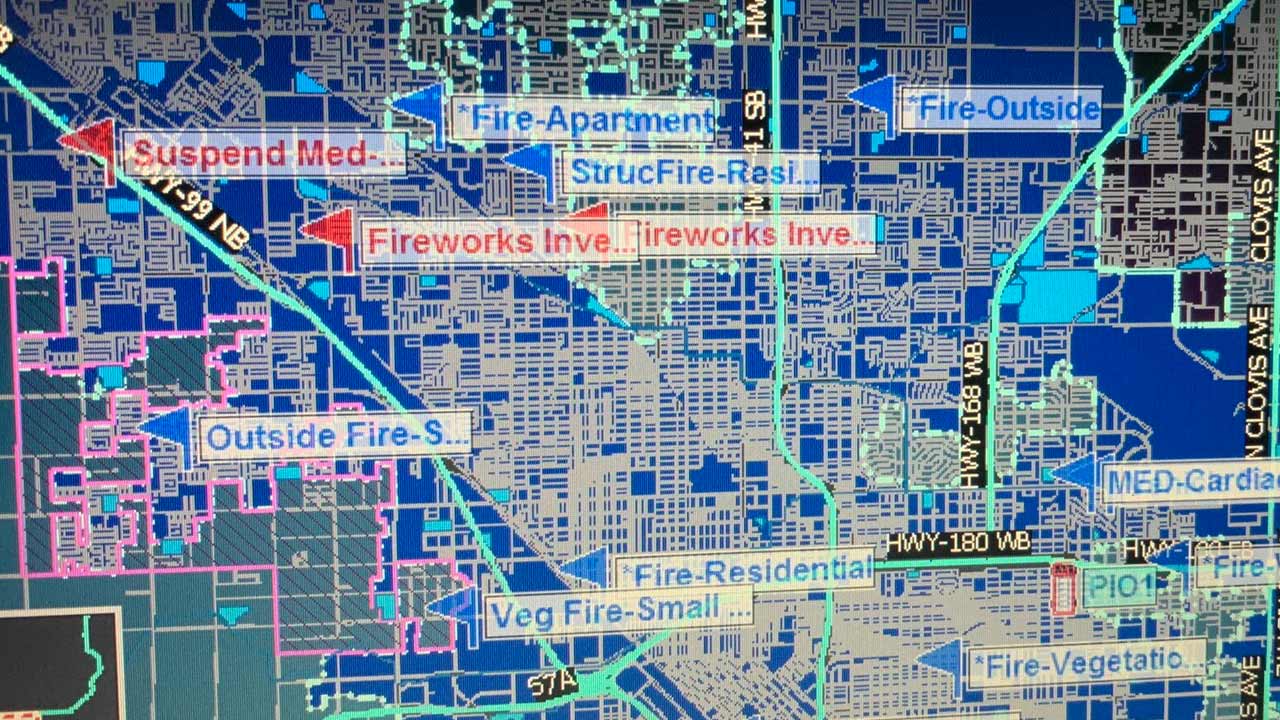 Image of Fresno Fire Department active fires map early July 5 after battling Fourth of July blazes caused by illegal fireworksnf
