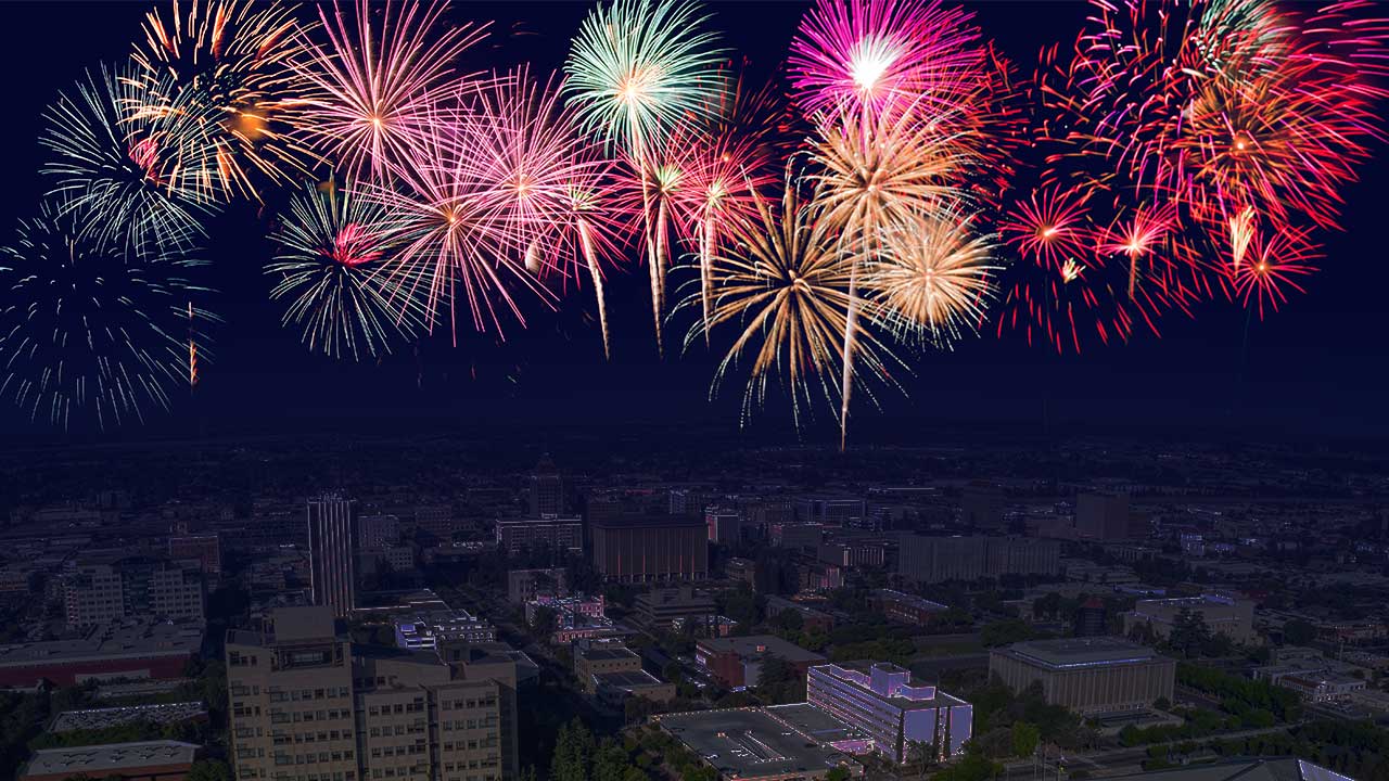Rendering of Fireworks over downtown Fresno, California