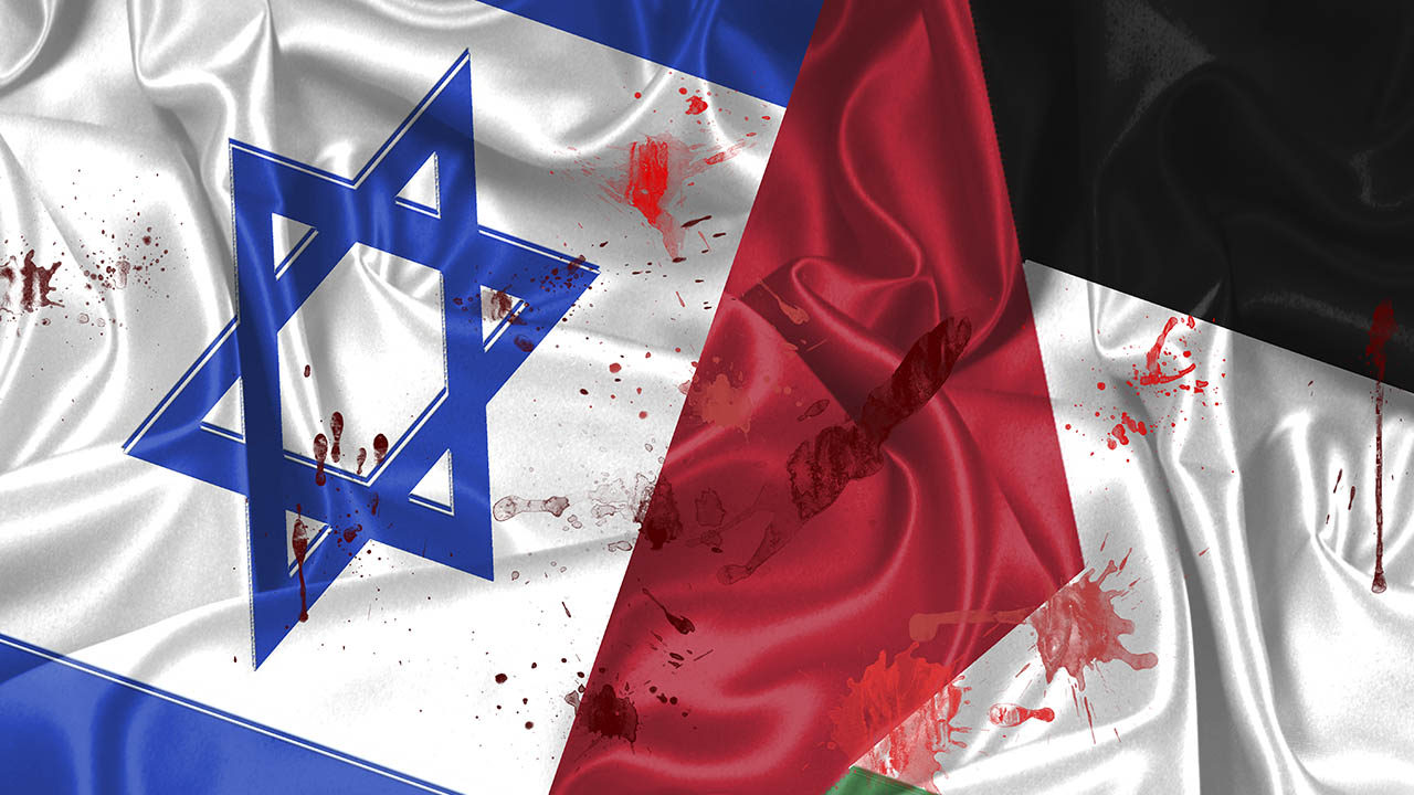 Flags of Israel and Palestine spattered with blood