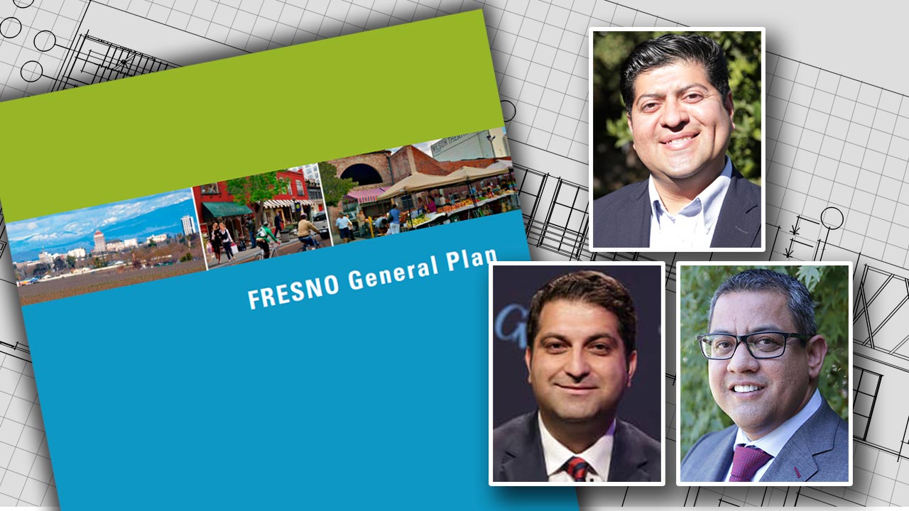 Composite image of Fresno General Plan cover and councilmen Luis Chavez, Miguel Arias, and Mike Karbassi