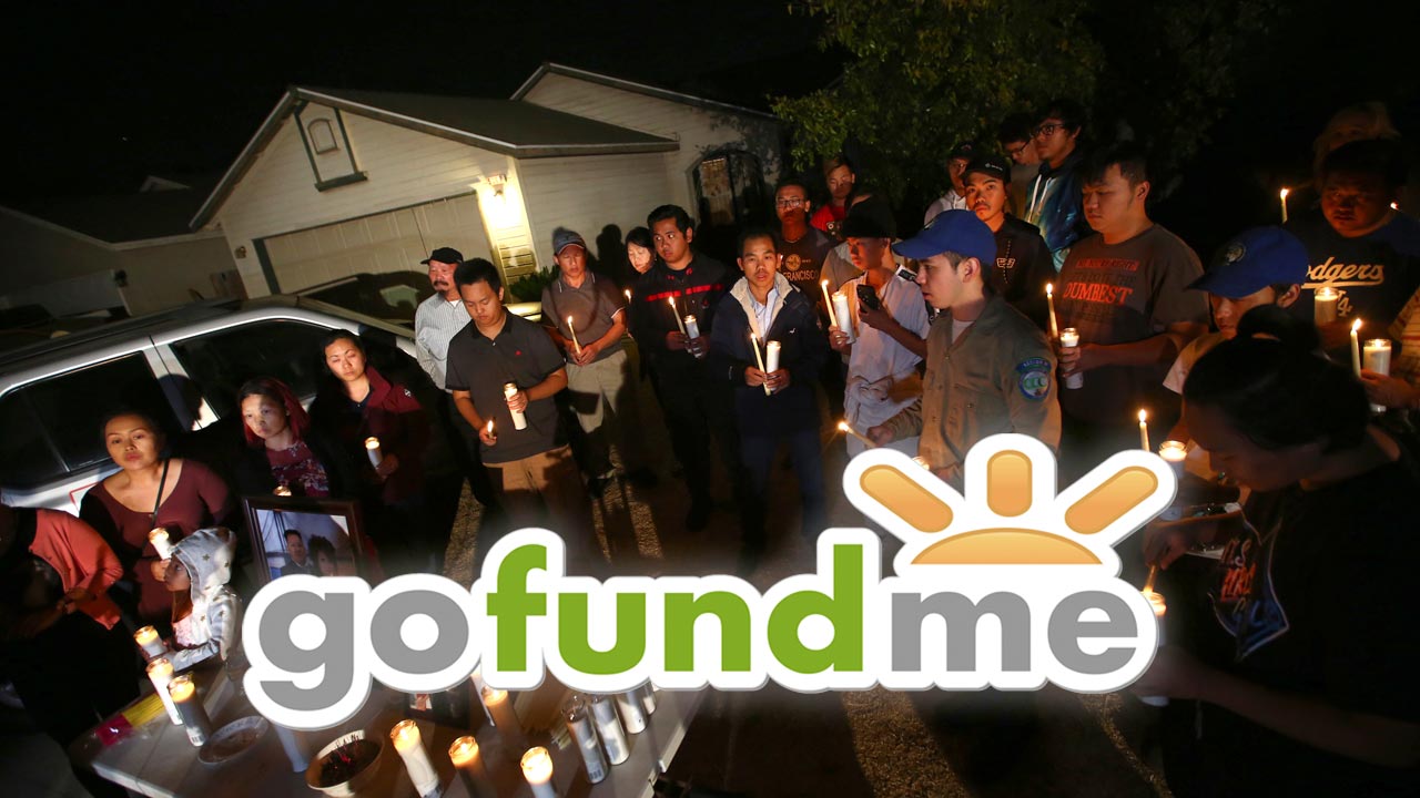 Composite image of gofundme account and a Fresno mass shooting vigil