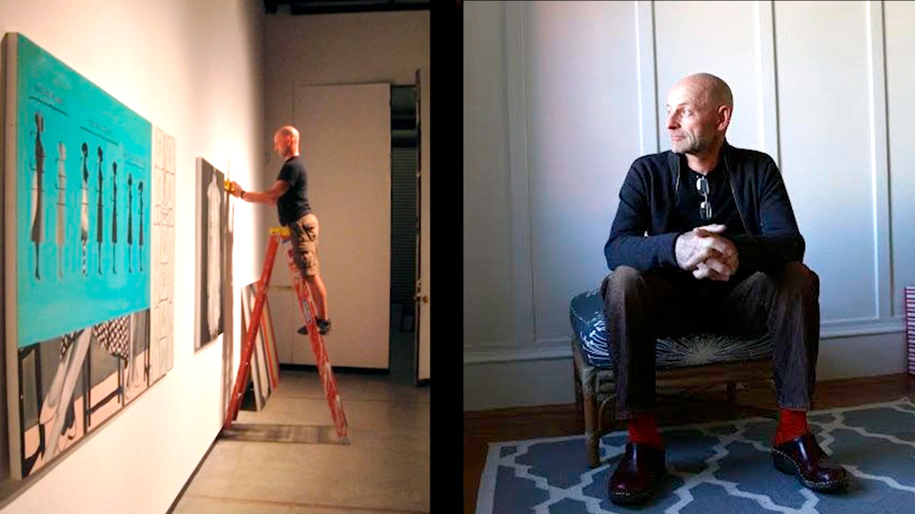 Side-by-side photos of Ed Lund. On the left, he is attaching art to a wall for an exhibit. At right, he sits in a chair.