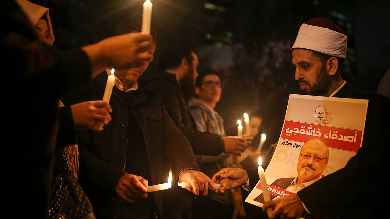 Photo of activists protesting the killing of Saudi journalist Jamal Khashoggi