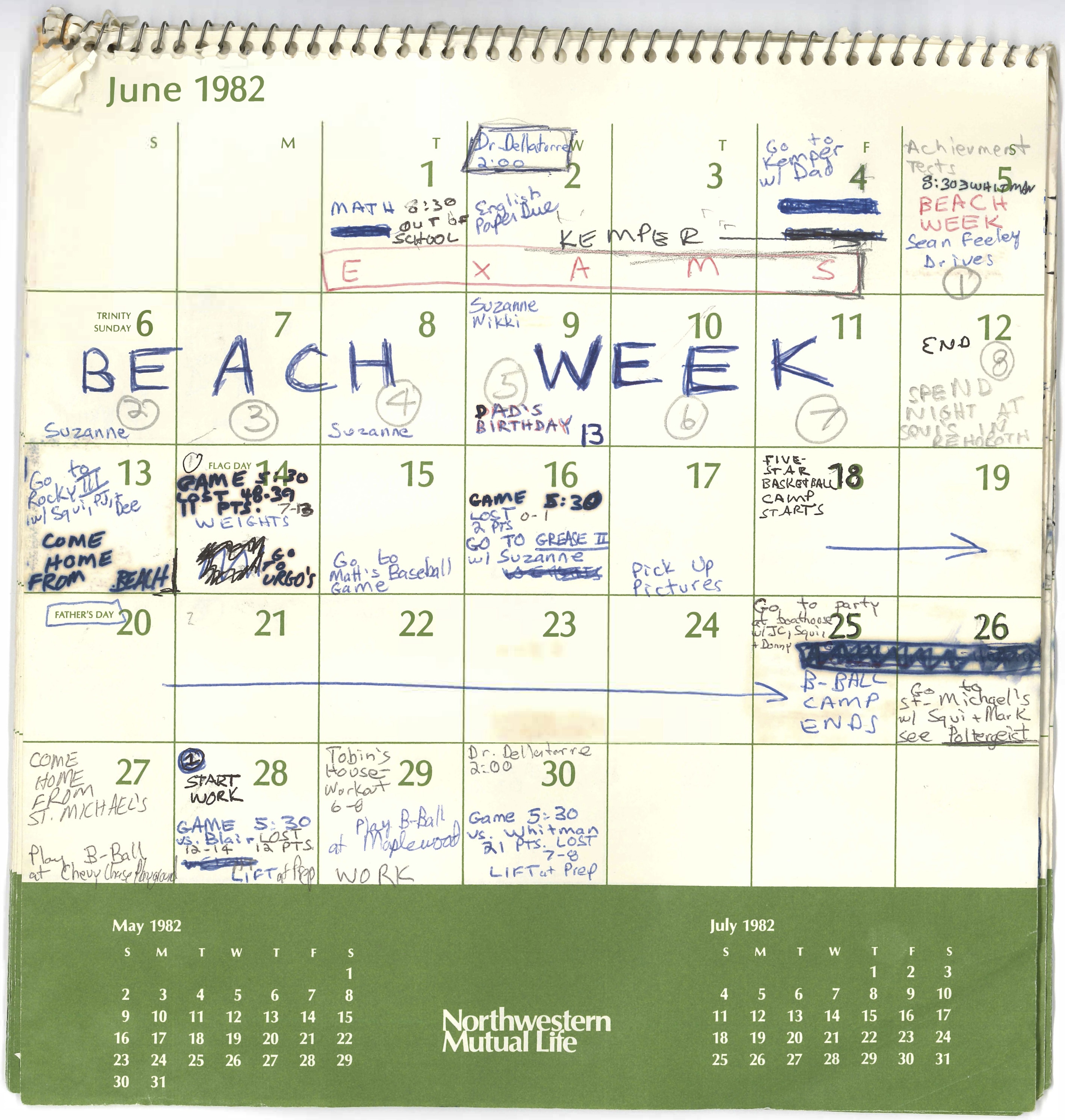 Photo of Judge Brett Kavanaugh's calendar, from the Summer of 1982