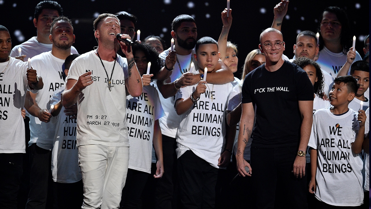 Photo of Ryan Tedder and Logic performing that the MTV Video Music Awards, 2018